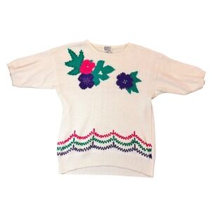 Koret Francisca Vintage Floral Beaded Rickrack Sweater Cream Ramie Cotton Small